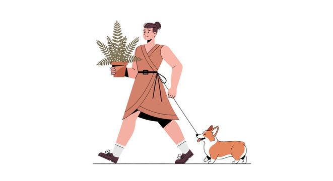 Woman walking her corgi dog while holding a potted plant.