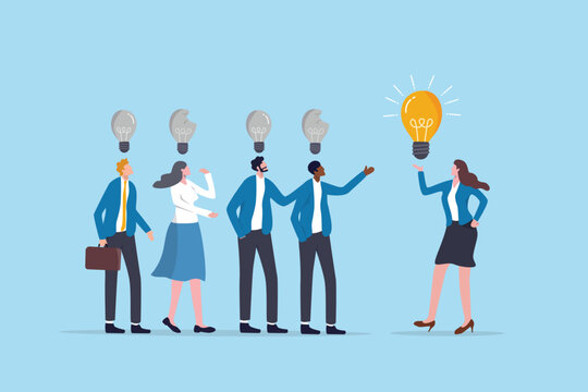 Leader giving new idea or solution to solve team problem, creativity or discover new invention to help employee motivation, businesswoman manager giving new bright lightbulb idea to team colleagues.