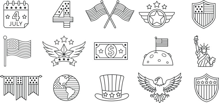 American 4th of july patriotic outline icon set with eagle liberty statue flags globe hat and symbols
