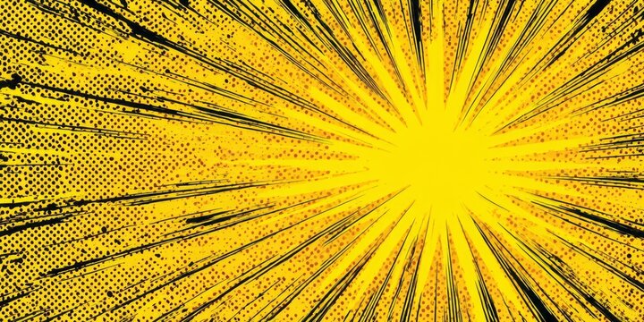 Bright yellow radial burst with comic book halftone dots and lines.
