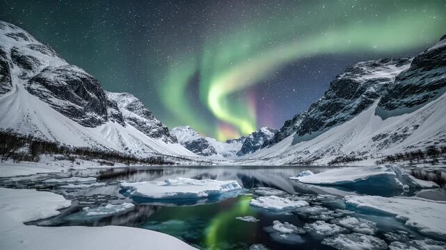A winter lake reflects the starry sky and dancing green aurora borealis