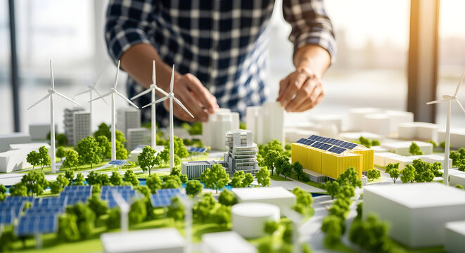 Architect building a sustainable city model with wind turbines and solar panels