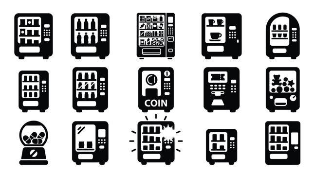 Collection of black and white icons representing various types of vending machines, including drink, snack, and gumball dispensers.