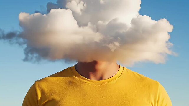 Upper body of person wearing yellow shirt, head replaced by cloud