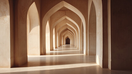 Obraz premium Ancient stone hallway with arched doorways and dramatic sunlight