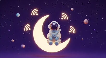 Fototapeta premium A cute white 3d astronaut character sits peacefully upon a glowing crescent moon while being surrounded by bright wireless signal symbols in this whimsical and creative digital art illustration piece.
