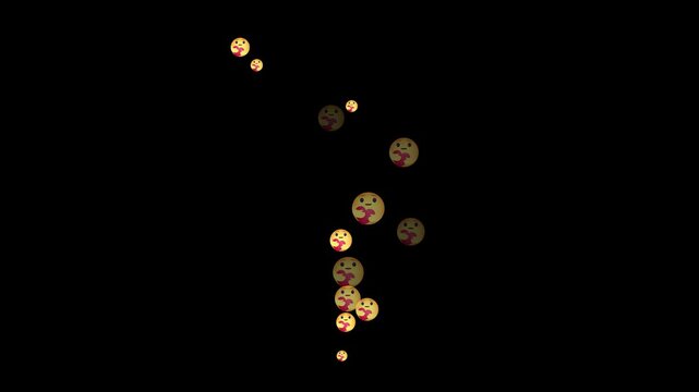 care emoji reaction faces floating upward animation on black background,viral engagement emoji stream floating upward loop animation concept.emoji reaction faces floating animation black background  