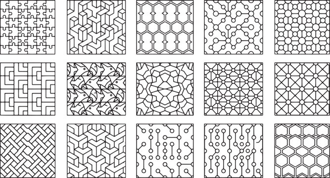 Geometric Tessellation and Abstract Grid Patterns Square Tile Set Vector Line Art