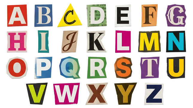 Set of alphabet letters cut out from magazines, ransom note style, isolated on transparent background