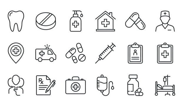 ​Medical care and healthcare service outline icons set isolated on white background thin line stroke vector illustration hospital equipment pharmacy design