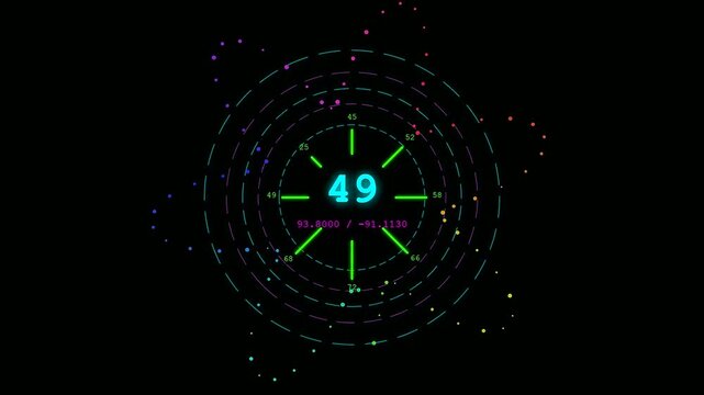 A digital system resource monitoring interface displays circular data visualizations with glowing neon dots and central numerical values moving across three distinct screens in dark environments