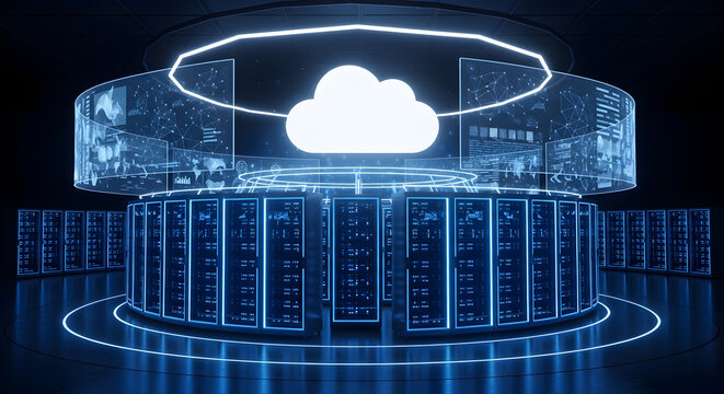Futuristic cloud computing data center with glowing holographic interface