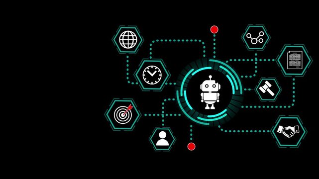 Artificial Intelligence Interface with Neon Robot Icon, Connected Automation Symbols and Hexagon Network Design on Dark Digital Background UI