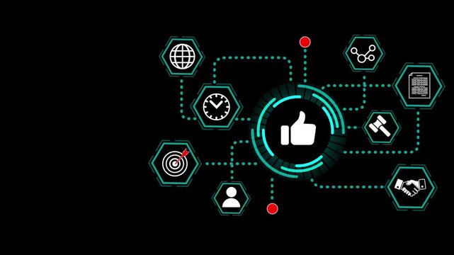 Approval Interface with Neon Thumbs Up Symbol, Connected Feedback Icons and Hexagon Engagement Network on Dark Digital Background