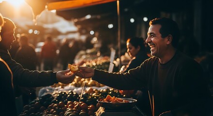Fototapeta premium Happy man selling fresh produce at a vibrant night market.