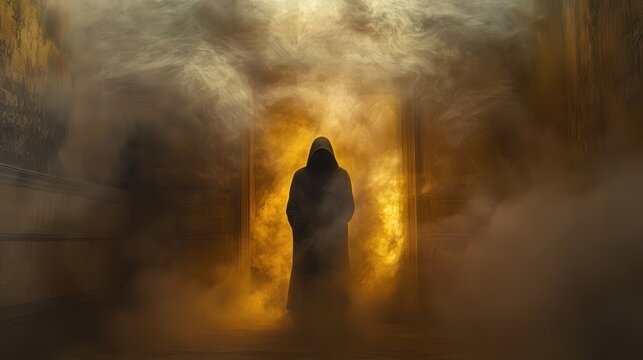 Mysterious figure in dark robes surrounded by fog and light. The atmosphere evokes suspense and intrigue with an eerie glow.