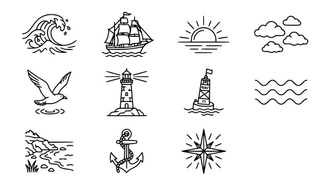Nautical vector icons set including ship lighthouse anchor and seagull graphic design