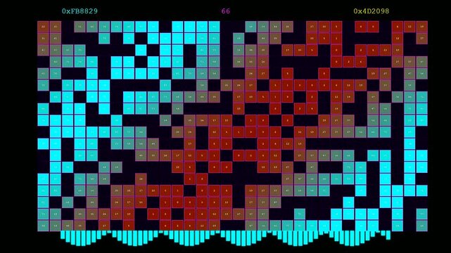 a colorful system resource monitoring interface displaying active data streams in a triple screen layout with bright square grid patterns glowing against the dark screen