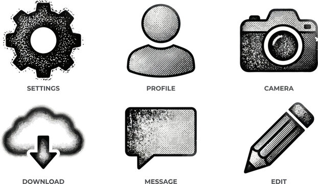 Black and white illustration of various digital interface icons including gear, profile, camera, cloud download, message bubble, and pencil.