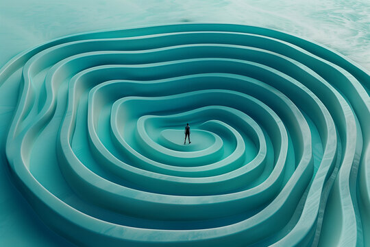 Minimalist 3D render with a tiny person in metallic ripples. Perfect for a corporate web header, tech blog, business flyer, or modern marketing banner.