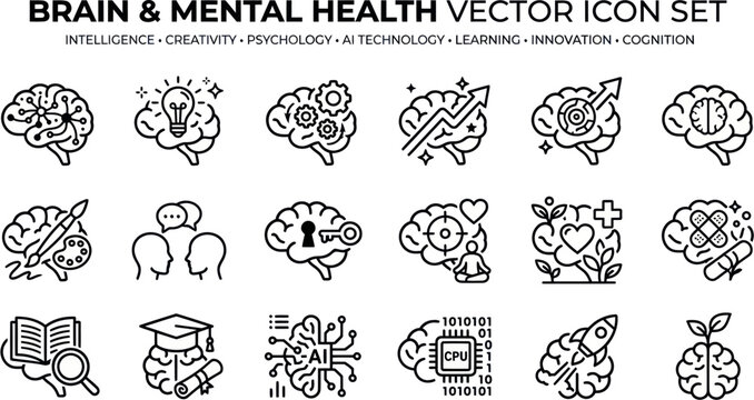 A collection of brain and mental health icons featuring intelligence, creativity, psychology, technology, learning, innovation, and cognition concepts.