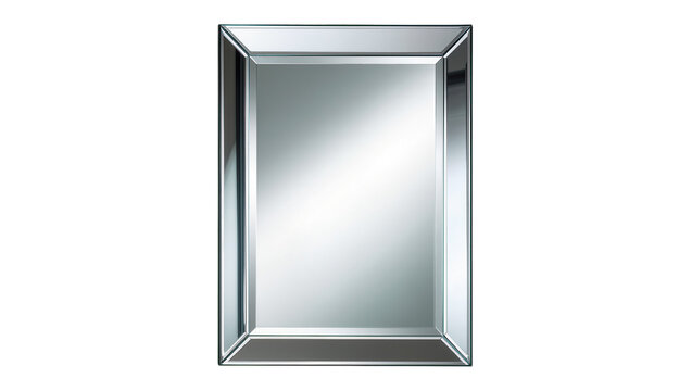 Rectangular beveled mirror with silver frame, isolated on transparent background