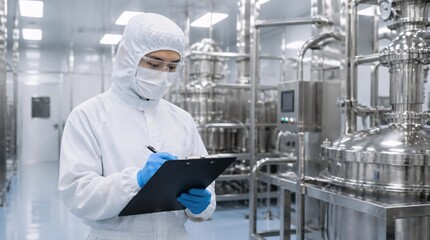 Naklejka premium Technician in protective gear writes on a clipboard inside an industrial manufacturing facility.