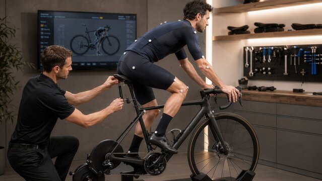 Cyclist undergoes bike fitting session in a studio with a technician adjusting the bicycle setup for optimal performance and comfort