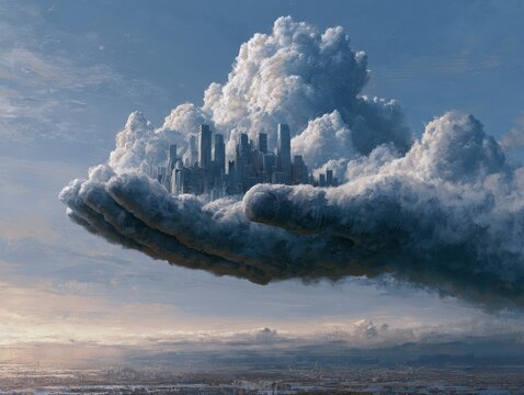 Clouds shaped like giant hands carrying a modern city across the sky, imaginative atmospheric scene 