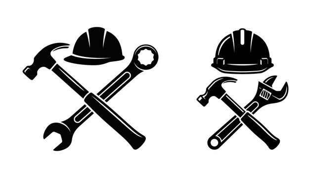 Construction Tools and Hard Hat Icons - Crossed Hammer and Wrench Vector Silhouettes