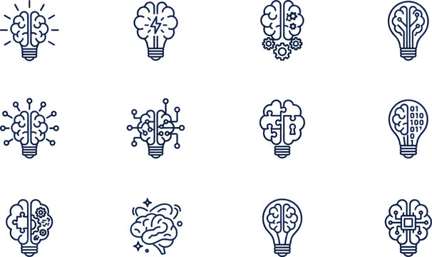 Artificial Intelligence and Creative Mind Lightbulb Icon Set with Brain Circuits Gears and Binary Code Elements for Machine Learning and Innovation Strategy Vectors