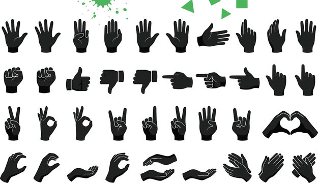 Collection of various hand gestures and signs isolated on transparent background