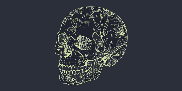 Botanical skull illustration with floral and leaf details on a dark background