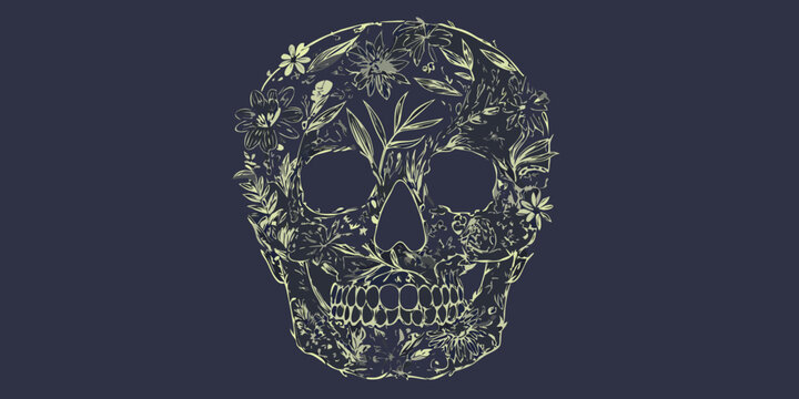 Botanical skull illustration with floral details on a dark background