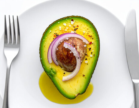 Aguacate fresco cortado por la mitad con sal marina, cebolla morada, aceite de oliva virgen extra sobre plato blanco con cubiertos en la mesa, receta gourmet minimalista