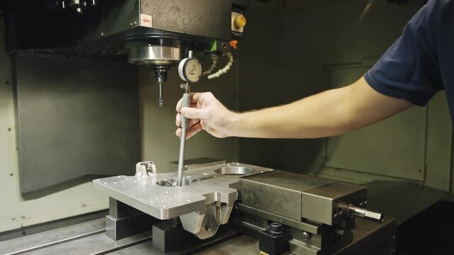 Dial indicator zero point calibration on metal workpiece in a factory workshop, showing precision setup, machining fixture, gauge needle, tolerance check and quality control process.