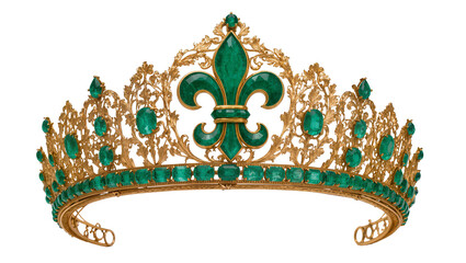 Ornate gold tiara with emeralds and fleur-de-lis, isolated on transparent background © pixogram
