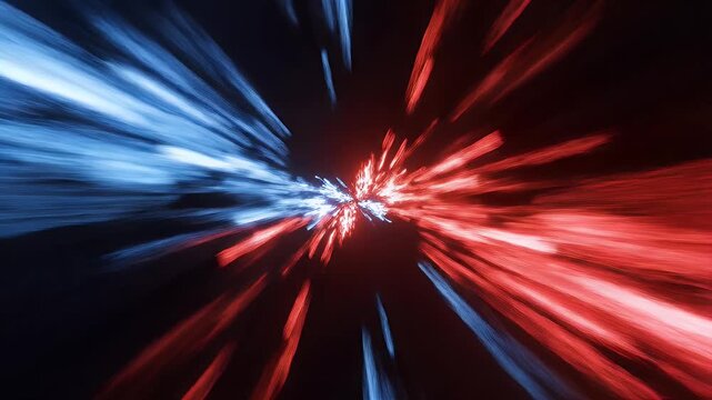 Abstract explosion of red and blue light streaks radiating from a central point