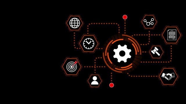 System Settings Interface with Orange Gear Symbol, Connected Configuration Icons and Hexagon Control Paths on Dark Digital Background