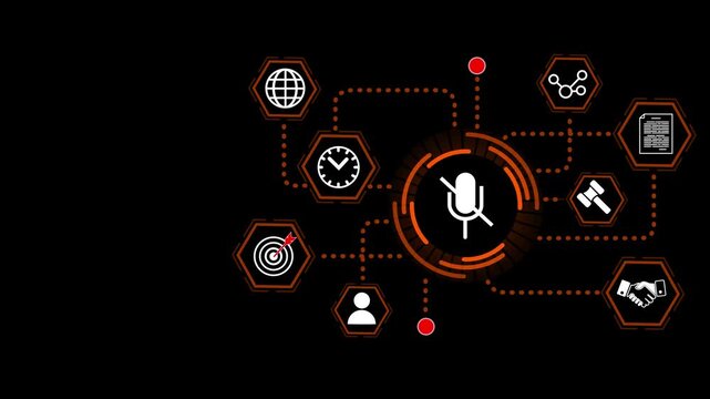 Audio Mute Interface with Orange Microphone Symbol, Connected Voice Control Icons and Hexagon Network Paths on Dark Digital Background