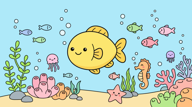Smiling Yellow Cartoon Fish Swimming Underwater.
