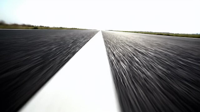 A long, white-lined road stretches towards a bright horizon with blurred grassy edges