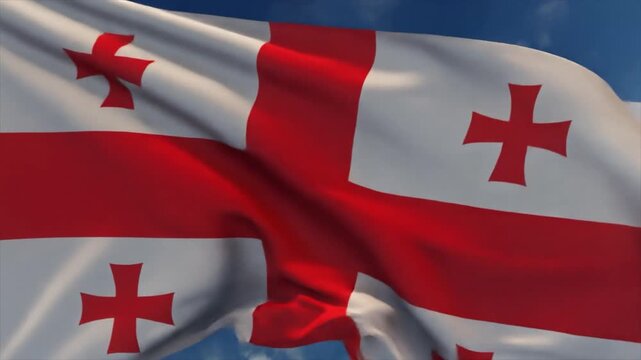 Waving Flag of Georgia with Red Crosses on White and Red Background Keywords: flag, Georgia, Georgian flag, national symbol, country, patriotism, independence, nation, republic, government