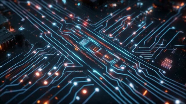 Futuristic Circuit Board with Glowing Blue and Orange Lines and Components technology computer