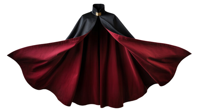 Black and red velvet cape with gold clasp, isolated on transparent background