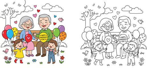 Fototapeta premium Happy Grandparents Day coloring page and colored vector illustration set, cute grandparents with grandchildren in park holding balloons, family outline activity sheet for kids.