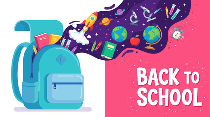 Naklejka premium A colorful illustration of a blue backpack with school supplies exploding out in a creative back to school design.