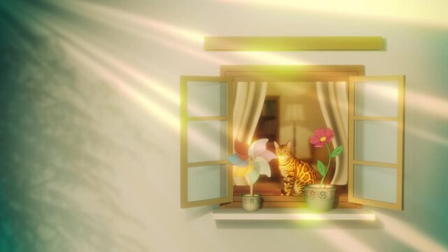 Beautiful 2D vector animation of a bengal cat sitting by an open window with flower pots. Warm golden sun rays shining through with dreamy shadows, cozy lofi aesthetic looping video, 4k.