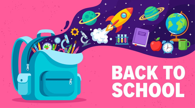 A colorful illustration of a blue backpack filled with school supplies floating in space with planets and a rocket on a pink background for back to school