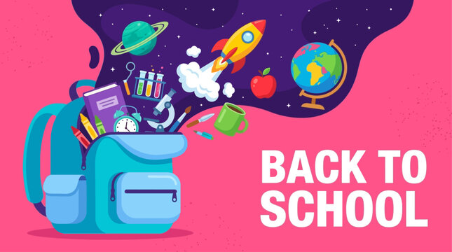A colorful illustration of a school backpack with various objects flying out, set against a pink background with a space theme for back to school.